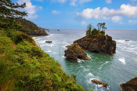 Foto de Samuel H. Boardman State Scenic Corridor in Oregon, USA. Majestuosas pilas de mar y densos bosques dominan el paisaje en el Parque Estatal Samuel H. Boardman, ofreciendo un vistazo a la belleza natural de Oregones. - Imagen libre de derechos