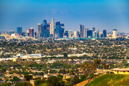 Skyline of Los Angeles in California with clear skies from Kenneth Hahn State Park.