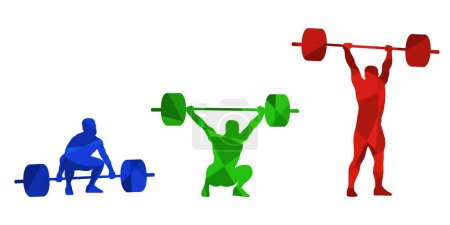 Illustration for Set of silhouettes of weightlifting athletes on white background. Isolated vector colored images. Abstract blue, green and red vector image of powerlifting sportsmen. - Royalty Free Image