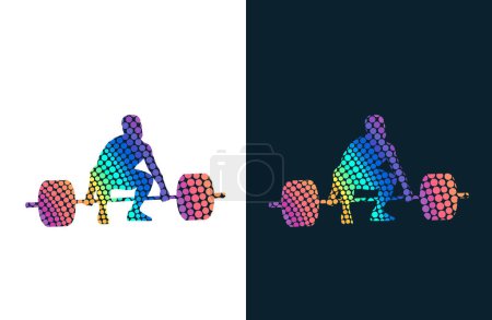 Illustration for Set of silhouettes of weightlifting athletes on white background. Isolated vector colored images. Abstract vector image from colored dots of powerlifting sportsmen. - Royalty Free Image