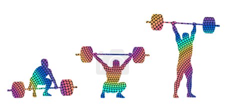 Illustration for Set of silhouettes of weightlifting athletes on white background. Isolated vector colored images. Abstract vector image from colored dots of powerlifting sportsmen. - Royalty Free Image