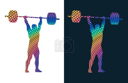 Ilustración de Conjunto de siluetas de atletas de levantamiento de pesas sobre fondo blanco. Imágenes aisladas en color vectorial. Imagen vectorial abstracta de puntos de colores de deportistas de levantamiento de pesas. - Imagen libre de derechos