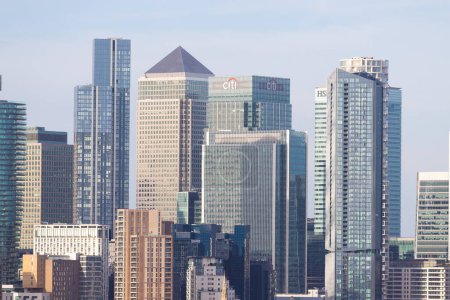 Photo for LONDON, UK - 5TH FEBRUARY 2023: A Closeup to part of Canary Wharf in London during the day. Showing office buildings and condominiums. - Royalty Free Image