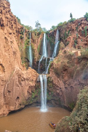 The Ouzoud Waterfalls in Morocco in North Africa, showing the different cascades flowing down the cliff