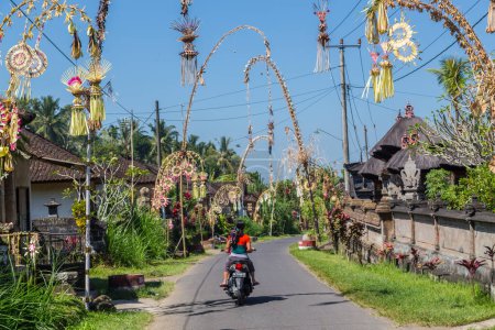 Téléchargez les photos : BALI, INDONÉSIE - 16 AVRIL 2017 : Rues à Bali. Penjor Poles peut être considéré comme faisant partie de la célébration annuelle de Galungan. Une personne sur un vélo peut être vue. - en image libre de droit