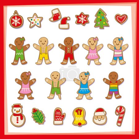 Illustration for Beautiful and inclusive gingerbread cookies pack with christmas decoration (santa claus, bell, star, snowflake, etc) and no binary, disabled, different races, sexual orientation and genders characters - Royalty Free Image