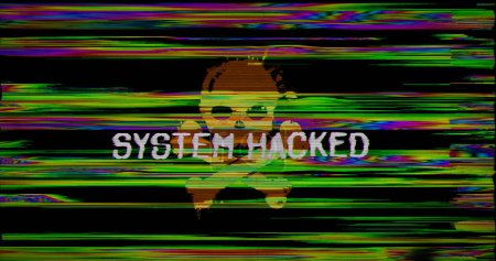 Téléchargez les photos : System hacked with distorted and glitch effect 3d illustration. Computer hacking, cyber attack and security breach abstract concept. Noised retro tv style background. - en image libre de droit