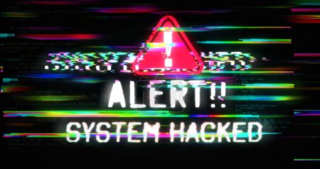 System gehackt mit verzerrten und Glitch-Effekt 3D-Illustration. Computerhacking, Cyber-Angriffe und Sicherheitsverletzungen sind abstrakte Konzepte. Geräuschvoller Retro-TV-Hintergrund.