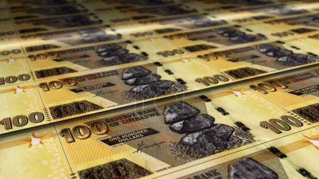 Zimbabwe Dólar hoja de dinero imprimir 3d ilustración. Billetes ZWL que imprimen el concepto de fondo de finanzas, crisis económica, inflación y negocios.