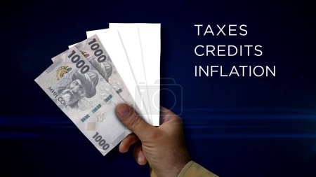 Kirgisistan Som Haufen Geld in der Hand 3D-Illustration. KGS-Banknoten Hintergrundkonzept von Finanzen, Wirtschaftskrise, Inflation und Wirtschaft.