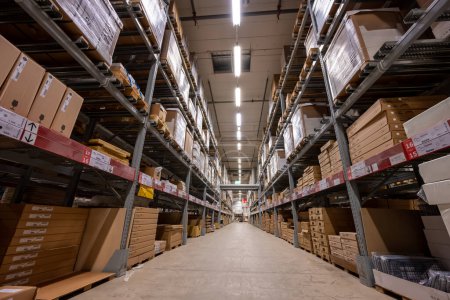 Photo for Gothenburg, Sweden - June 18 2022: Wide angle photo of tall shelves at IKEA warehouse. - Royalty Free Image