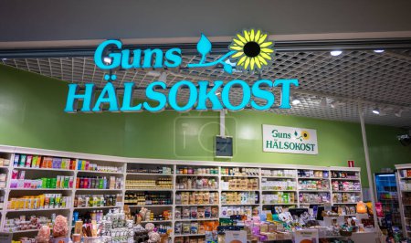 Photo for Strömstad, Sweden - november 19 2022: Entrance sign of Guns Hõlsokost health food store. - Royalty Free Image