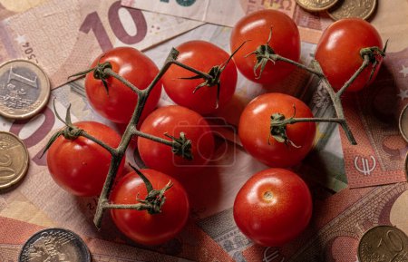 Tomate et argent symbolisant le coût des aliments.