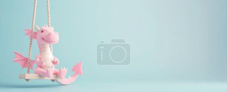 Téléchargez les photos : Jouet bébé dragon rose mignon sur l'oscillation des enfants isolé sur le fond bleu clair, espace de copie. - en image libre de droit