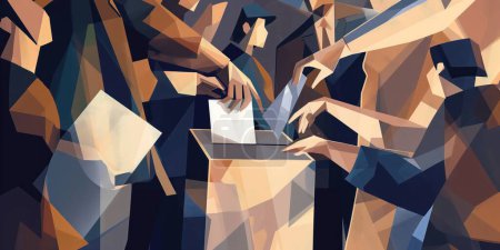 Téléchargez les photos : Illustration de personnes debout autour de l'urne et votant, seules leurs mains étant montrées, dans le style de l'art géométrique, dans des tons d'indigo foncé et de caramel clair - en image libre de droit