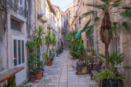 Téléchargez les photos : Vieille rue romantique dans la ville historique d'Orebic sur Peljsac, Dalmatie, Croatie - en image libre de droit