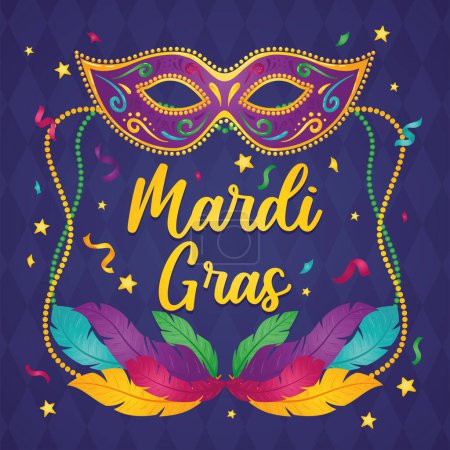 Illustration for Isolated venetian mask with colored feathers Mardi gras poster Vector illustration - Royalty Free Image