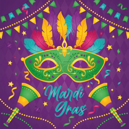 Illustration for Isolated green venetian mask with feathers Mardi gras poster Vector illustration - Royalty Free Image