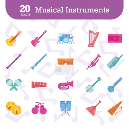 Téléchargez les illustrations : Ensemble d'icônes d'instruments de musique colorés Illustration vectorielle - en licence libre de droit