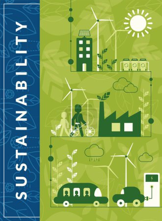 Ilustración de Cartel ecológico vertical de sostenibilidad verde con iconos planos Ilustración vectorial - Imagen libre de derechos