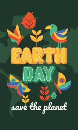Geometric earth day card Plants and butterflies Vector illustration