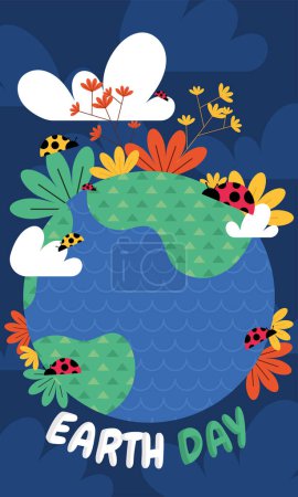 Geometric earth day card Ladybugs and flowers Vector illustration