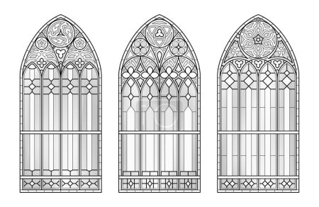 Téléchargez les illustrations : Vitres d'église en verre. Trois cadres catholiques noir et blanc. - en licence libre de droit
