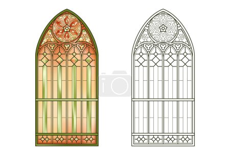Ilustración de Hoja de trabajo con vidrieras de Iglesia manchada en colores degradados. - Imagen libre de derechos