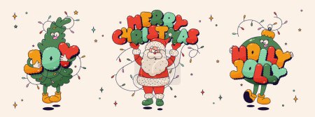 Weihnachten groovy Maskottchen Zeichen Weihnachtsmann, Noel Baum und Ball mit Feiertagsbriefen und Girlande.