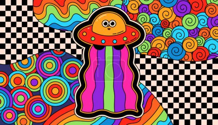 Illustration for Surreal groovy UFO on bright psychedelic background. - Royalty Free Image