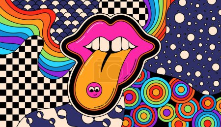 Illustration for Psychedelic groovy smile with tongue and pill, coloring print. - Royalty Free Image