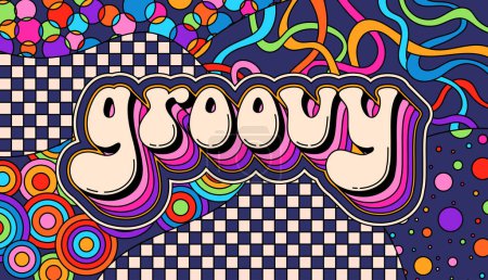 Illustration for Psychedelic groovy text with color background. Zentangle coloring page for adult. - Royalty Free Image