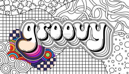 Zentangle psychedelic coloring page for adults. Groovy text and checkerboards.