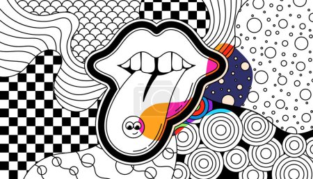 Illustration for Groovy smyle with tongue pill. Zentangle coloring page for adults. - Royalty Free Image
