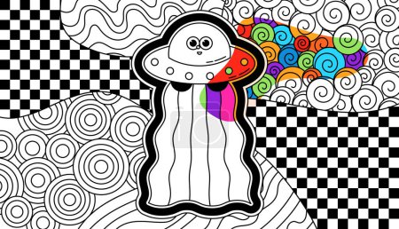 Illustration for Zentangle psychedelic coloring page for adults. Groovy UFO and checkerboards. - Royalty Free Image