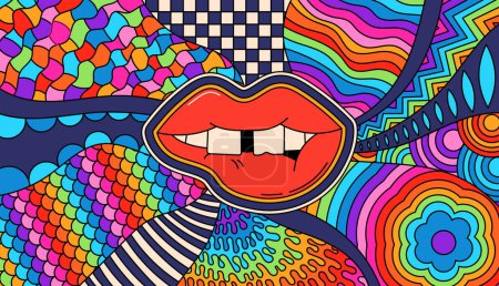 Psychedelic groovy lips with. Zentangle coloring page for adult.