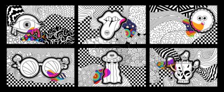 Illustration for Zentangle trippy groovy color posters. - Royalty Free Image