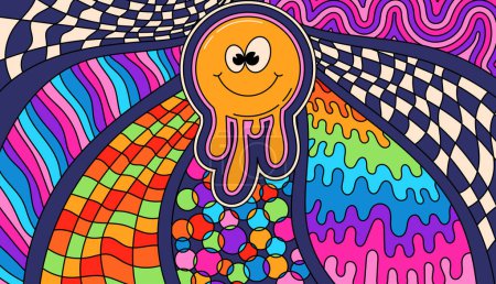 Illustration for Psychedelic Zentangle groovy smile, coloring print. - Royalty Free Image