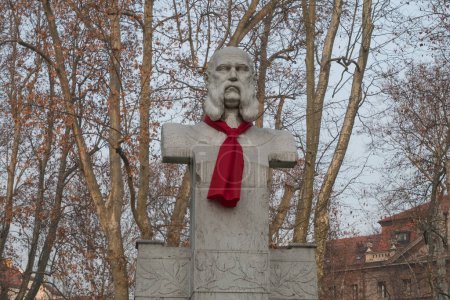 Photo for ZAGREB, CROATIA-January 4, 2020: A bust of Ivan Mazuranic in Zrinjevac park with a red tie. - Royalty Free Image