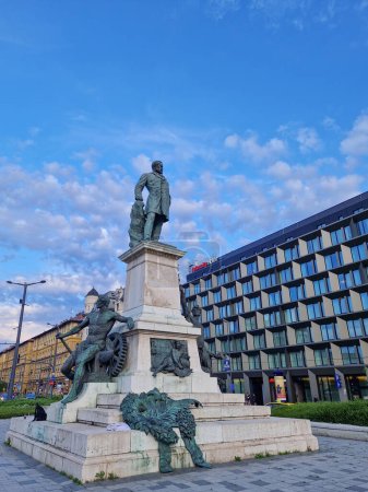 Photo for BUDAPESt, HUNGARY - 2023-05-19: Statue of Garbor Baross in front of the eastern railway terminal in Baross square Budapest, Hungary - Royalty Free Image