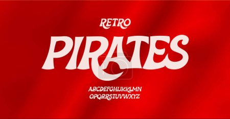 Pirates font, bold italic cheery letters with hooks. Decorative caribbean style alphabet for holidays, festival, circus, Halloween, Christmas posters. Cartoon dynamic type. Vector typographic design