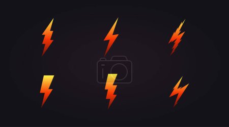Illustration for Lightning icon set. Cartoon orange lightening, bolt logo template, energy electricity symbol collection. Simple flat design, vector illustration. - Royalty Free Image