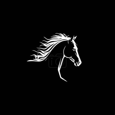 Minimalistic logo template, white icon of horse silhouette on black background, modern logotype concept for business identity, t-shirts print, tattoo. Vector illustration. 