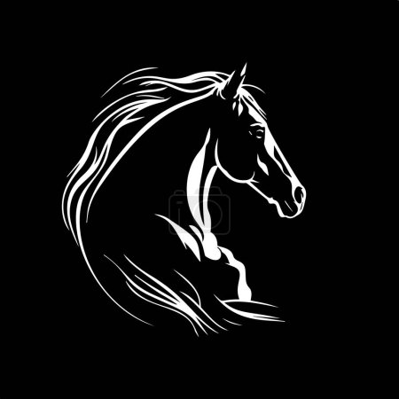 Téléchargez les illustrations : Modèle de logo minimaliste, icône blanche de la silhouette du cheval sur fond noir, concept de logotype moderne pour l'identité d'entreprise, impression de t-shirts, tatouage. Illustration vectorielle. - en licence libre de droit