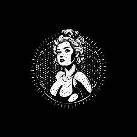 Illustration for Pin-up girl dotwork tattoo with dots shading, depth illusion, tippling tattoo. Hand drawing white emblem on black background for body art, Varga girl sketch monochrome logo. Vector illustration. - Royalty Free Image