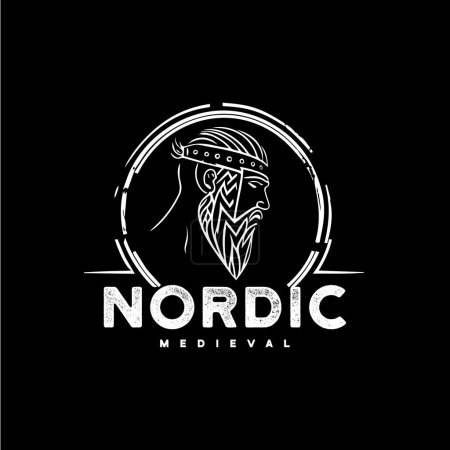 Téléchargez les illustrations : Emblème de tête d'homme nordique, modèle de logo Viking, ancien signe guerrier, artisan médiéval de la mascotte d'artisan. Illustration vectorielle - en licence libre de droit