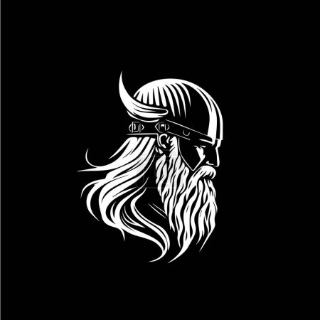 Téléchargez les illustrations : Tête d'homme nordique en casque avec emblème de cornes, modèle de logo Viking, ancien signe guerrier, artisan médiéval de mascotte d'artisan. Illustration vectorielle - en licence libre de droit