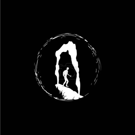 Illustration for Speleologist figure in cave silhouette logo template, caveman icon, extreme sport challenge, speleologist label, risk rock expedition symbol. Vector illustration - Royalty Free Image