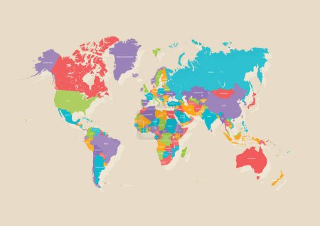 Illustration for World political earth map in retro color palette, vector illustration - Royalty Free Image