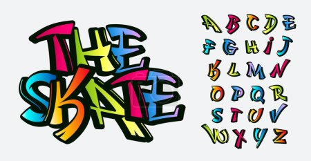 Verspieltes Graffiti-Alphabet, rebellische und bunte Buchstaben. Funky Teen Font für Skate und Hip-Hop Kultur. Lebendiges und dynamisches typografisches Design für T-Shirt, Poster, Logo. Vektorsatz.